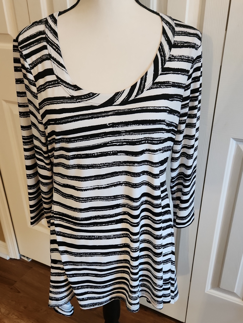 Chaus Black and White Striped Scoop Neck Tunic